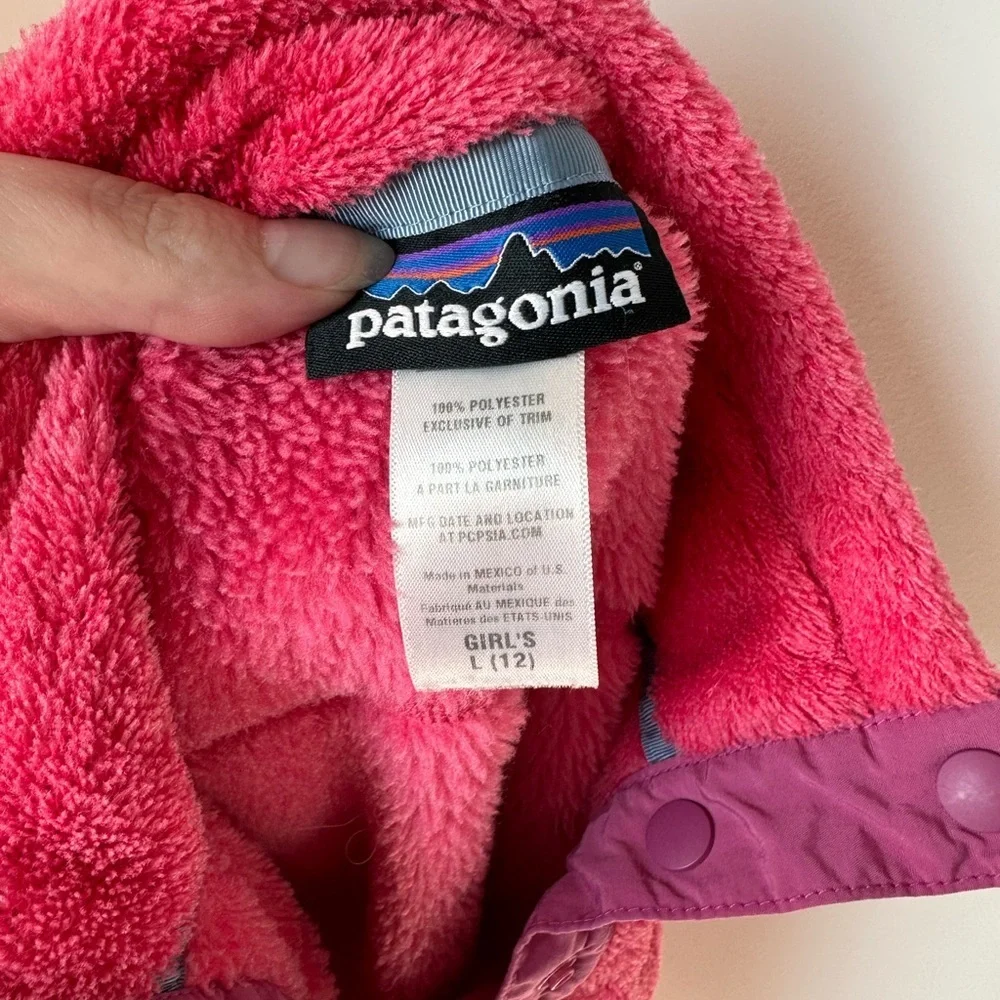 Patagonia Girls Large 12 Re-Tool Snap-T Fleece Pullover Pink Purple Trim Outdoor